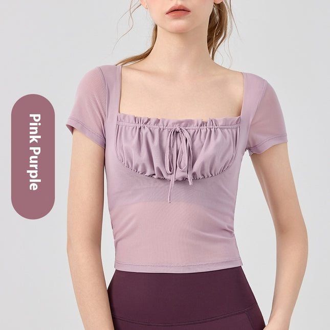 Lace Pleated Yoga Clothing Top Sports Short Sleeve With Chest Pad