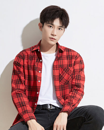 Men Casual Plaid Long Sleeved Shirt