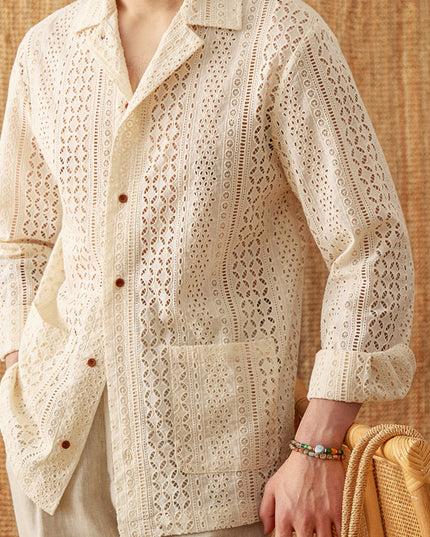 Cotton Hollow Cuban Collar Long Sleeve Shirt