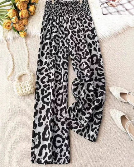 Leopard Print Floral Print Casual Jumpsuit Elastic Waist Loose Wide Leg Pants