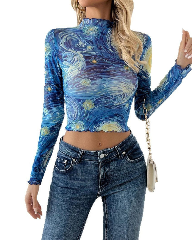 Blue Printed Small Stand Collar Starry Sky Mesh Short T-shirt