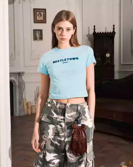 Fuzzy Letter Slim Fit Short T-shirt For Women