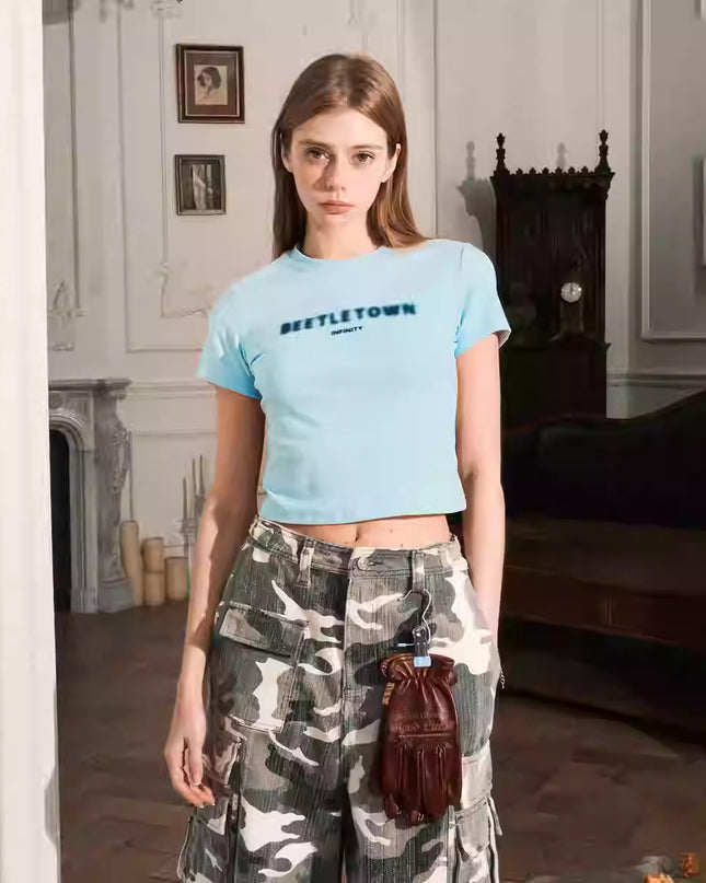 Fuzzy Letter Slim Fit Short T-shirt For Women
