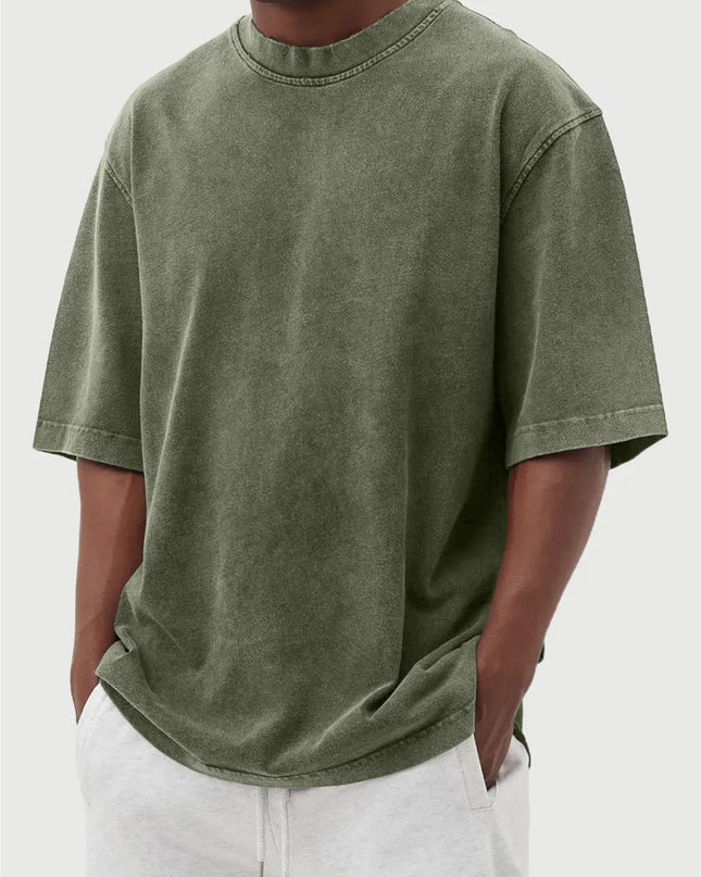 Men's Washed Fried Color Distressed Solid Color Pullover Short T-shirt