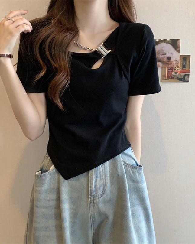Slim Fit And Thin Cover Belly Hot Girl Irregular Short-sleeved T-shirt For Women