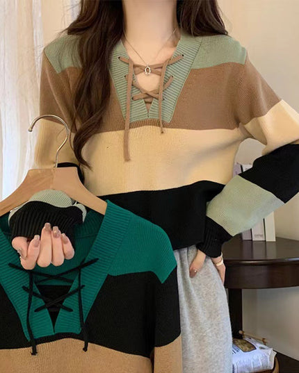 V-collar Contrast Color Short Long-sleeved Sweater Women's Striped Binding Rope Slimming Slim Fit Petite Top