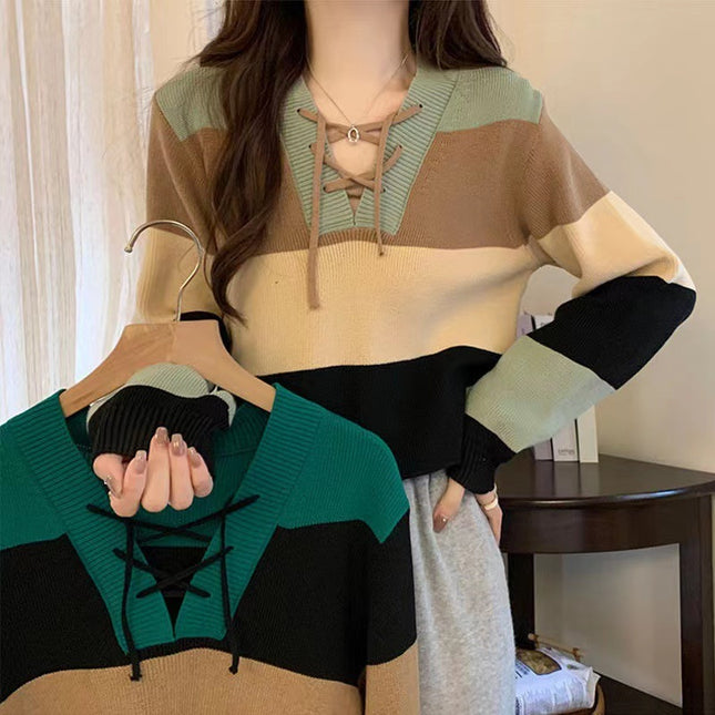 V-collar Contrast Color Short Long-sleeved Sweater Women's Striped Binding Rope Slimming Slim Fit Petite Top