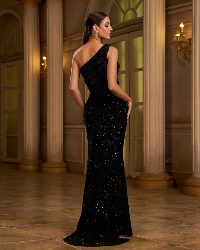 One-shoulder Slant Collar Sequined Slim-fit Sheath Banquet Split Evening Dress