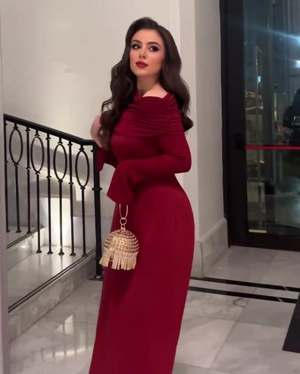 Burgundy Off-Shoulder Long-Sleeve Maxi Dress
