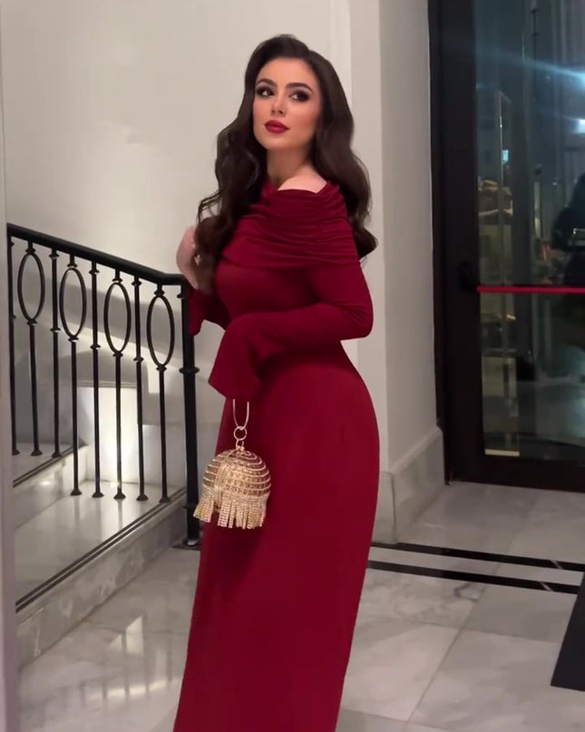 Burgundy Off-Shoulder Long-Sleeve Maxi Dress