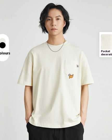 Embroidered Crew Neck T-shirt Cotton Double Yarn Loose