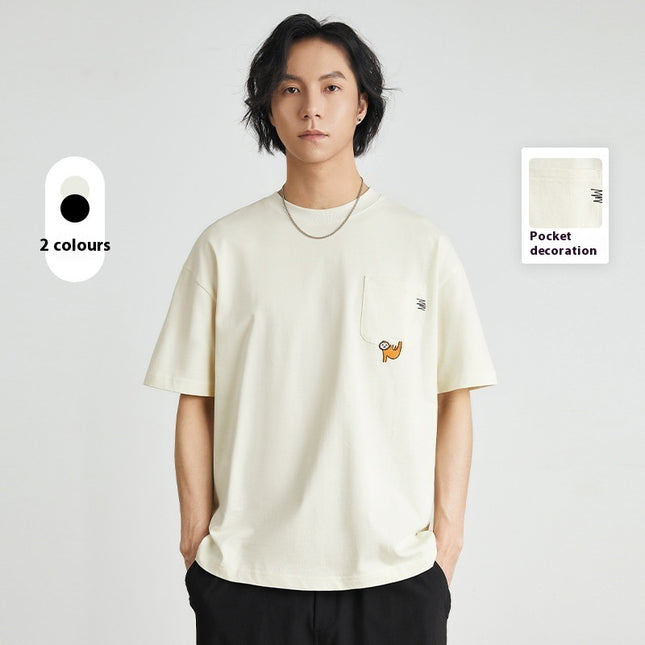 Embroidered Crew Neck T-shirt Cotton Double Yarn Loose