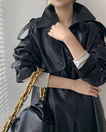 Retro Women's Mid-length Waist Slimming Pu Coat