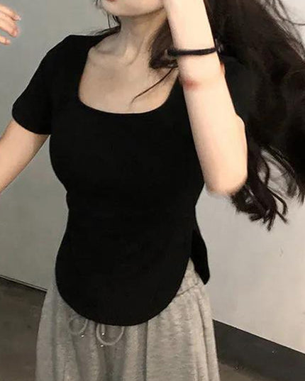 Summer U Collar Top Slim-fit Irregular Short-sleeved T-shirt For Women