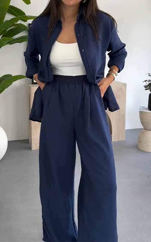Fashion Solid Color Loose Top Casual Wide Leg Pants Two-piece Set
