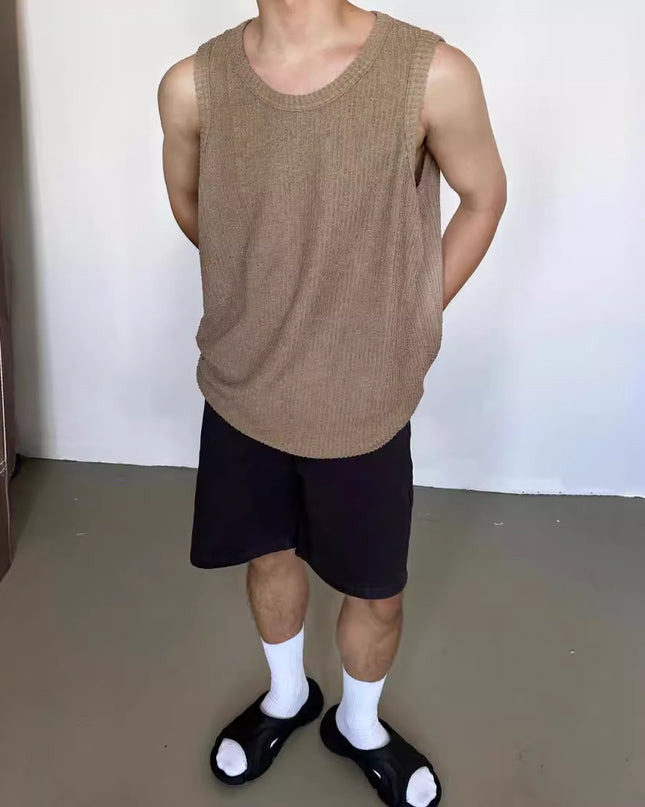 Casual Loose Sunken Stripe Sleeveless T-shirt Solid Color Top