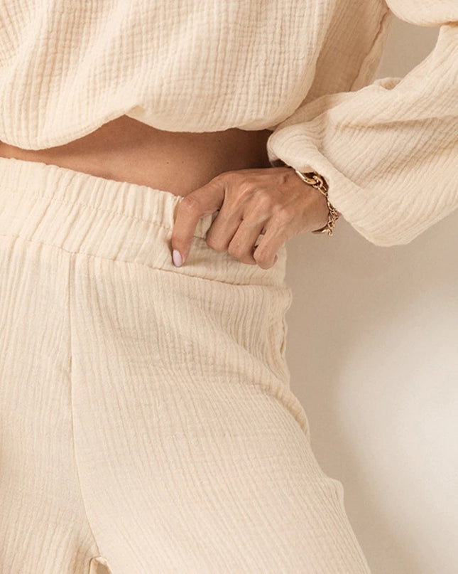 Crepe Cotton Long Sleeve Short Breathable Trousers, White Two-piece Set