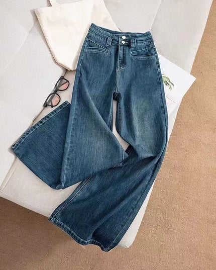 Dark Blue High Waist Drape Denim Wide Leg Pants Retro Pants Slim And Tall Stylish Straight Pants