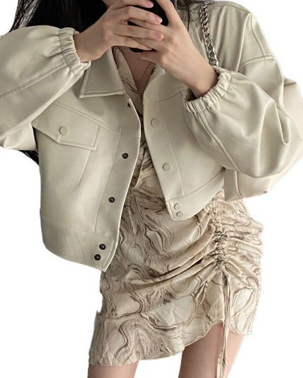 Chic Lapel Double Pocket Leather Top Leather Coat