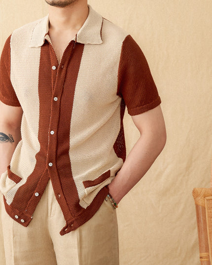 Hollow Cotton And Linen Lapel Short-sleeved Cardigan Knitted Top
