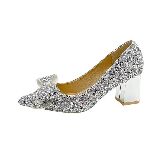 Crystal Sequins Wedding Xiuhe Chunky Heel Pointed-toe Shoes