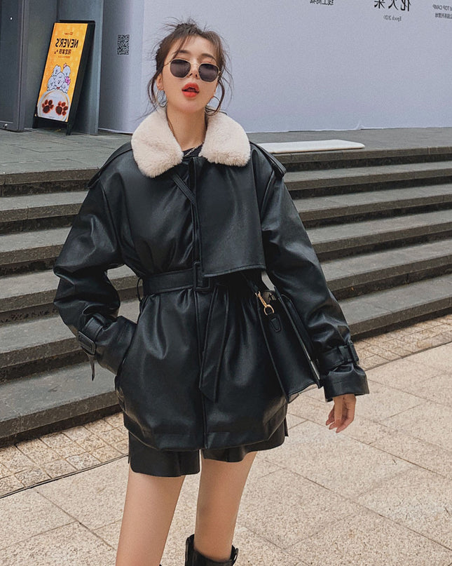 Loose Plus Velvet Thickening Small Locomotive PU Cotton Jacket Women