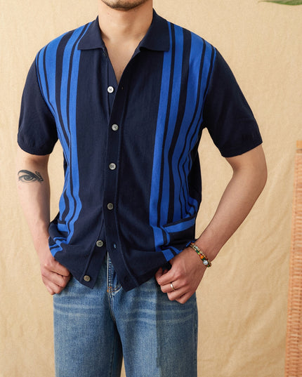 Cotton Striped Breathable Short-sleeved Knitted Cardigan Polo Shirt