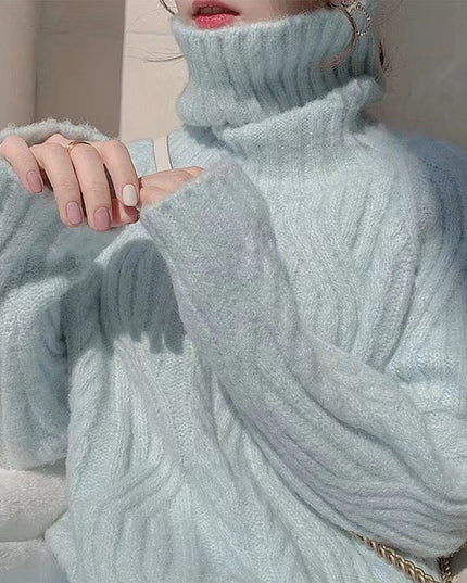 Autumn And Winter New Loose Outer Wear Thick Retro Cable-knit Turtleneck Sweater For Women