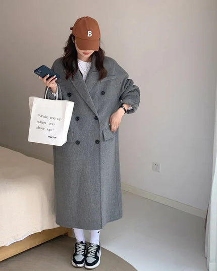 Women's Gray Woolen Plump Girls Loose All-match Coat