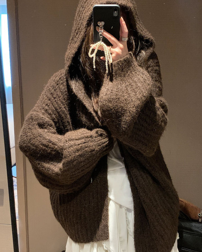 Retro Maillard Hooded Sweater Cardigan For Women