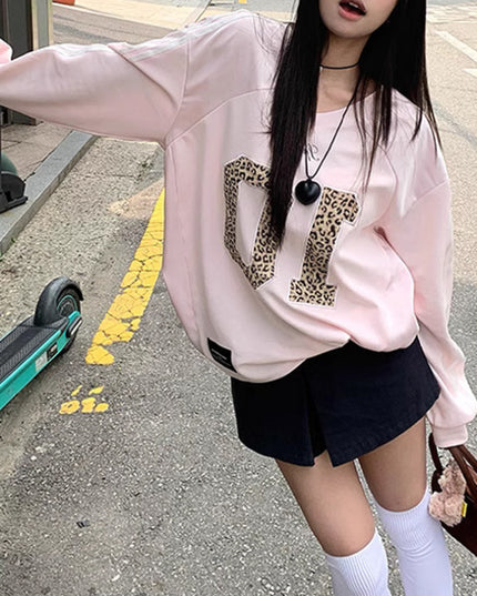 Leopard Print Letter Long-sleeved Sweater Sports Retro Style Loose Hot Girl Top