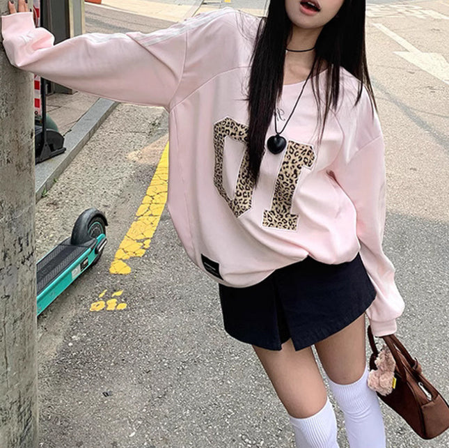 Leopard Print Letter Long-sleeved Sweater Sports Retro Style Loose Hot Girl Top
