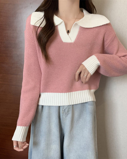 Contrast Color Polo Collar Soft Glutinous Sweater Women's Autumn And Winter