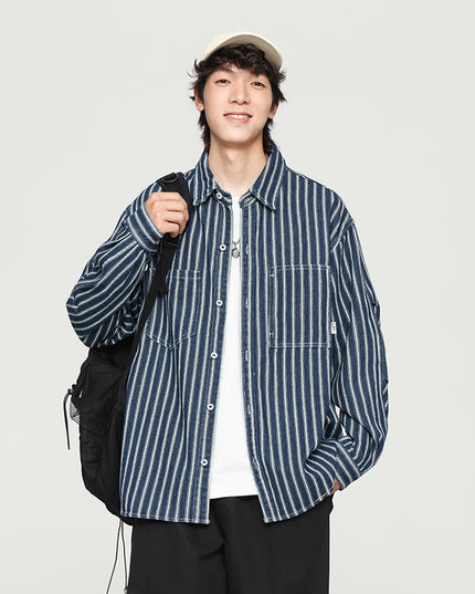Retro Washed Striped Long Sleeve Denim Shirt