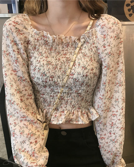 Summer Pleated Floral Print Chiffon Blouses Casual Puff
