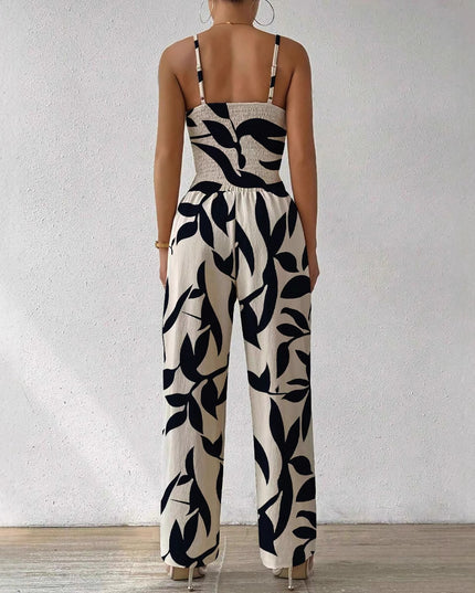 Fashion Floral Print Jumpsuit Elastic Waist Belt Jumpsuit