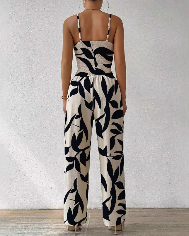 Fashion Floral Print Jumpsuit Elastic Waist Belt Jumpsuit