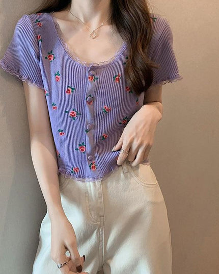 Age-reducing Floral Knitted Bottoming Shirt Short Sleeve