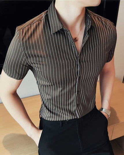 Men's Ice Silk Leisure Short Sleeve Striped Shirt