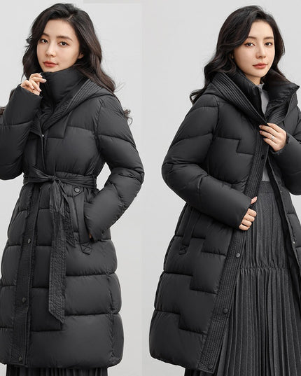 Women's Winter New Waist Trimming Fashion Mid-length Hooded Below-the-knee Coat