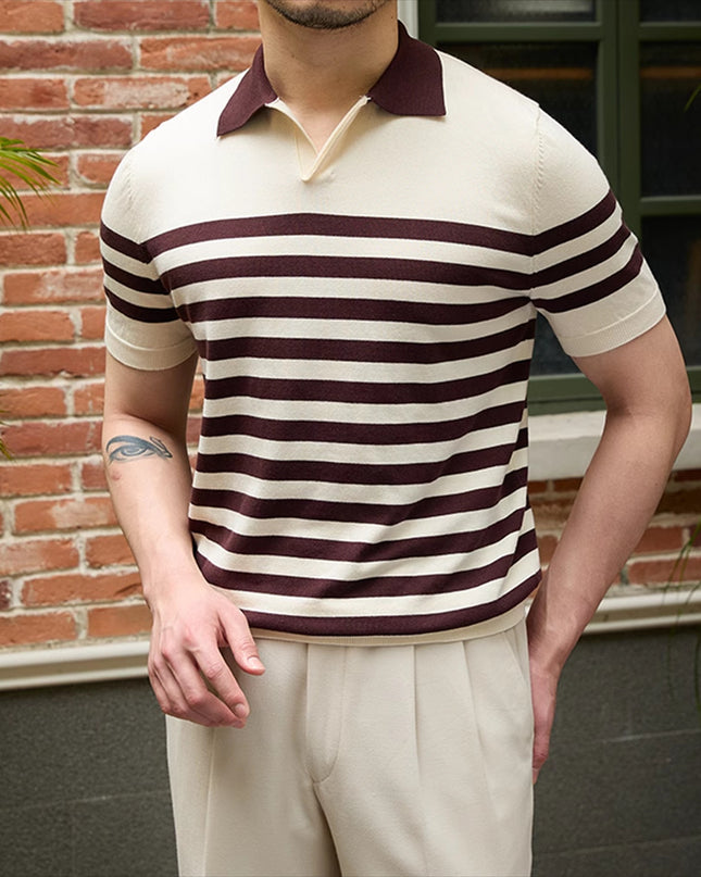 Lapel Lyocell Short Sleeve Fashion Breathable Stripes Polo Shirt