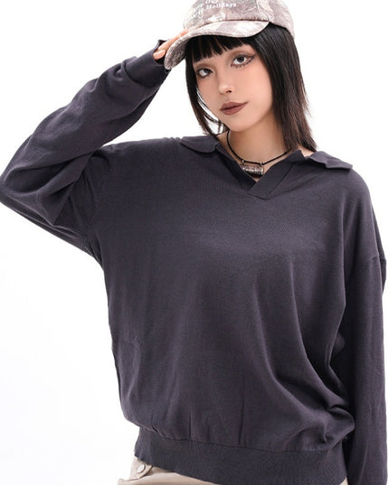 Autumn And Winter Men And Women Wear Boutique Lapel Long Sleeve Half Open Polo Shirt