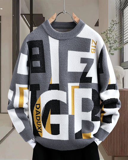Men's Letter Jacquard Round Neck Loose Casual Sweater