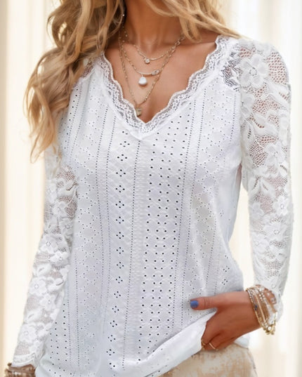 Contrast Lace V-neck Eyelet T-Shirt