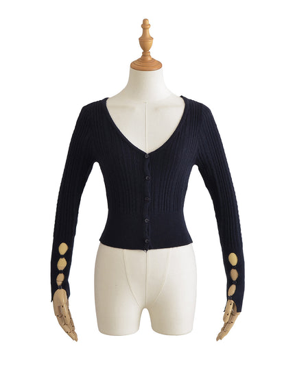 American Hot Girl Pure Desire Sexy V-neck Single-breasted Long Sleeve Sweater