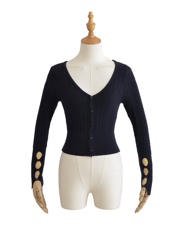 American Hot Girl Pure Desire Sexy V-neck Single-breasted Long Sleeve Sweater