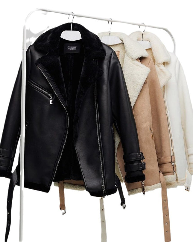 European And American Autumn And Winter Suede Lapel Zipper Cardigan Fashion Long Sleeve Solid Color Coat For Women