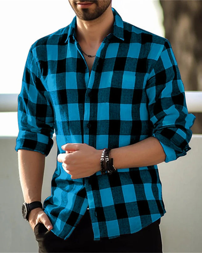 European And American Long Sleeve Loose 3D Personalized Printed Plaid Design Striped Shirt