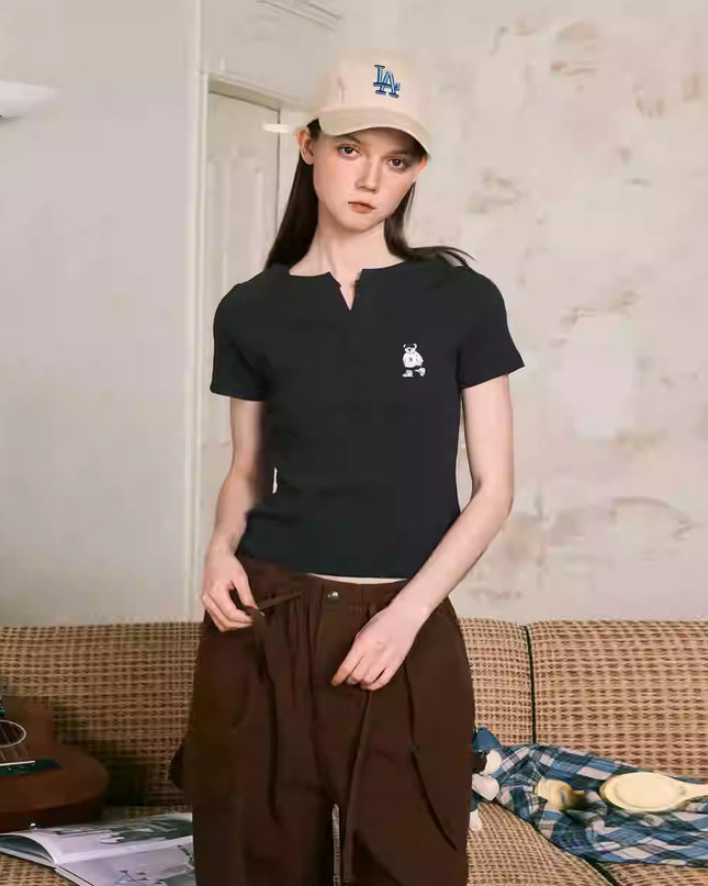Small V-neck Shoulder Short Slim Fit T-shirt For Women
