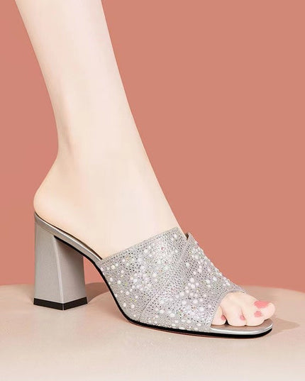 Genuine Leather Cowhide Thick Heel Slippers